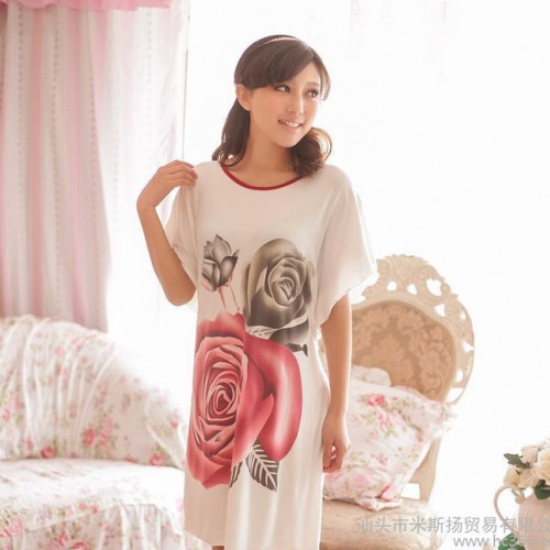 混批/批发 圆领宽松玫瑰花短袖莫代尔女士睡衣家居服睡裙 481图2