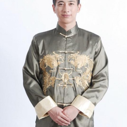 爆款绸缎长袖龙纹男士春秋唐装图1
