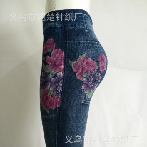 春秋款大码高腰印花无缝仿牛仔打底裤 美体弹力九分小脚裤 送录图2