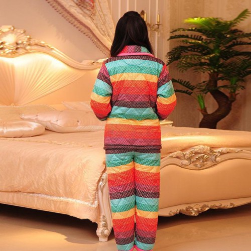 2013年新款女士套装夹棉家居服批发彩虹条纹时尚开衫长袖睡衣套装