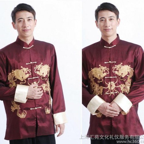 大量 新款酒红色长袖上衣唐装  中青年男士时尚绸缎唐装图3