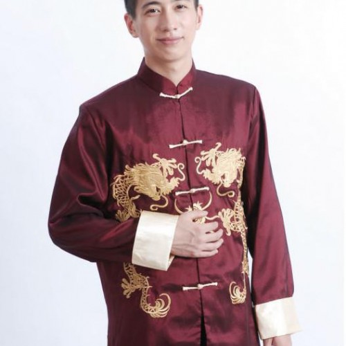 大量 新款酒红色长袖上衣唐装  中青年男士时尚绸缎唐装图2
