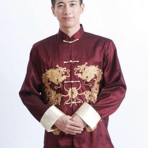 大量 新款酒红色长袖上衣唐装  中青年男士时尚绸缎唐装图1