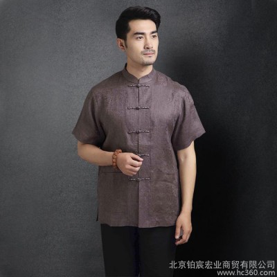 中国风男士唐装中老年立领短袖男亚麻修身中式民族服装夏秋季衬