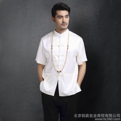 中国风男士唐装中老年立领短袖男上衣修身中式民族白色夏真丝衬