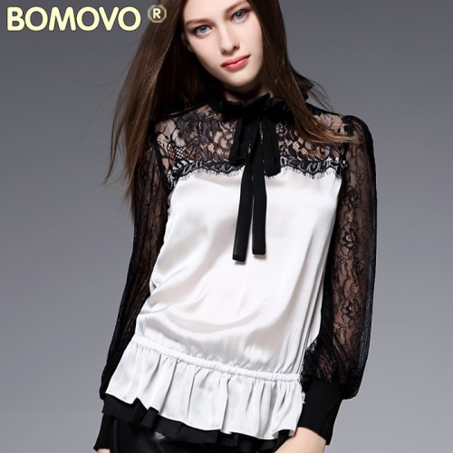 Bomovo2016年夏新款欧美立领系带领衬衫蕾丝拼接收腰衬衫上衣女图1