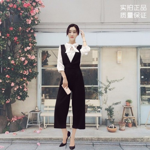 套装女2017春夏季新款女装时尚收腰修身阔腿裤背带裤衬衫套装两件套图5