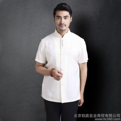 中国风绸缎男士唐装青年立领短袖男上衣修身中式民族服装夏季衬