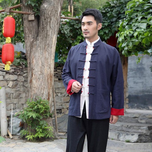 唐袭世家中国风汉服老粗布棉麻两面穿唐装男外套中式传统服装秋冬唐装上衣批发图1