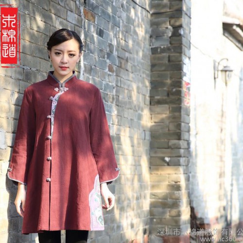 木棉道.春装新款女士唐装中长款上衣 腊绘**棉麻民族风16009图3