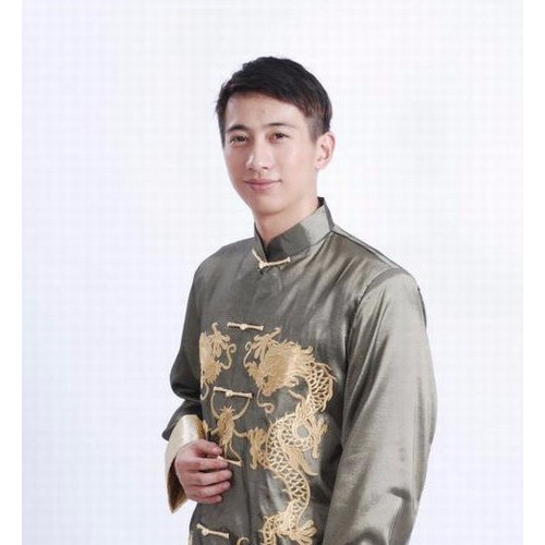 批发男式长袖绣龙 唐装 灰色M1010 黑色M1011 绿色M1012 酒红色M1013 刺绣双龙图3