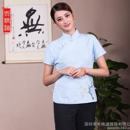 木棉道.女唐装上衣 女士是中国风 改良汉服棉麻休闲短袖 批发图1
