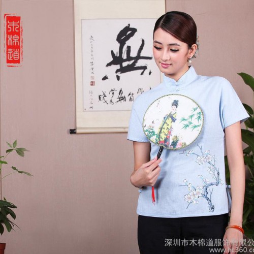 木棉道.女唐装上衣 女士是中国风 改良汉服棉麻休闲短袖 批发图3