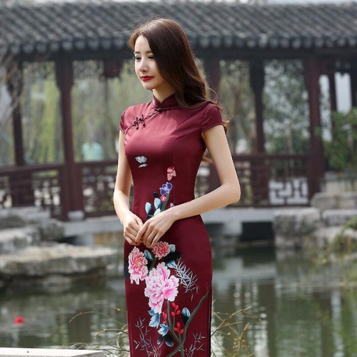 山东圣地SDFS-3供应新款唐装旗袍工作服定做双层真丝复古修身旗袍礼服连衣裙加工定制图4