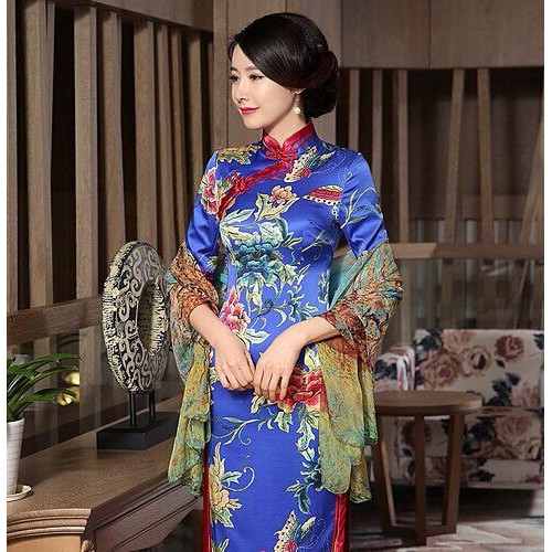 山东圣地SDFS-3供应新款唐装旗袍工作服定做双层真丝复古修身旗袍礼服连衣裙加工定制图3