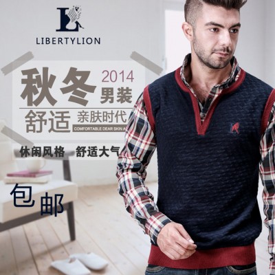 libertylion自由狮冬季新款纯棉男士毛衣假两件套衬衫袖针织衫特价