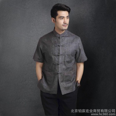 中国风棉男士唐装中老年立领短袖男上衣修身中式民族服装夏季衬