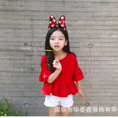 2016新款女童靓红色娃娃衫上衣韩版纯棉儿童衬衫T恤 中袖衬衣