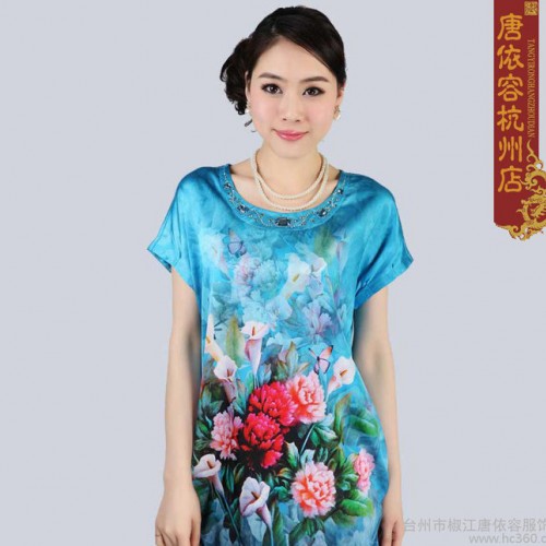 母亲节礼物 夏季 优雅真丝弹力缎短袖妈妈装中长款上衣衬衫T恤图2