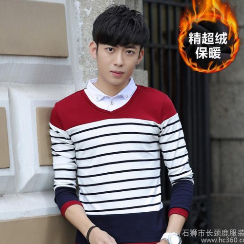 秋冬装长袖男士衬衫领 假两件T恤衫休闲条纹保暖精超绒修身款图3