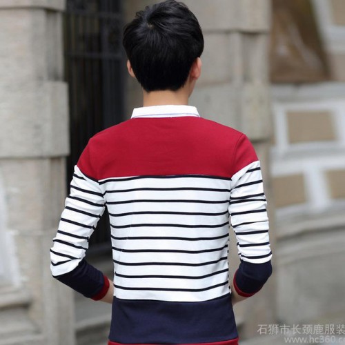 秋冬装长袖男士衬衫领 假两件T恤衫休闲条纹保暖精超绒修身款图2