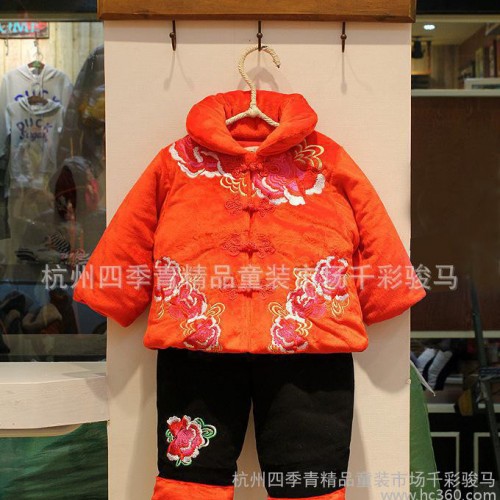 童套装 冬季新款婴幼唐装童套装 蜗牛宝贝牡丹喜庆古装童套装批发图2