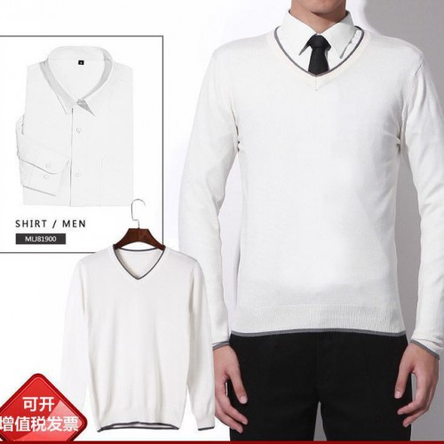 【二件套】V领正装长袖纯色商务修身职业工作校服【毛衣+衬衫】图3