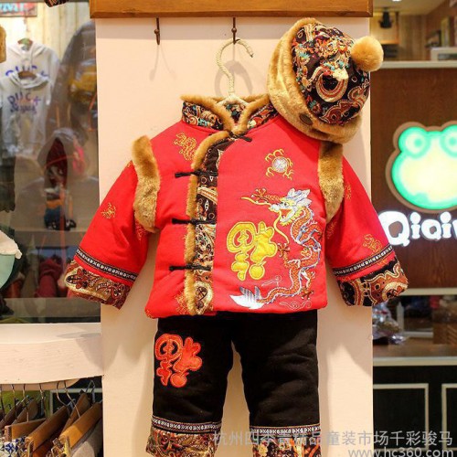 童套装 冬季新款婴幼唐装童套装 福字龙图加厚古装童套装批发图2