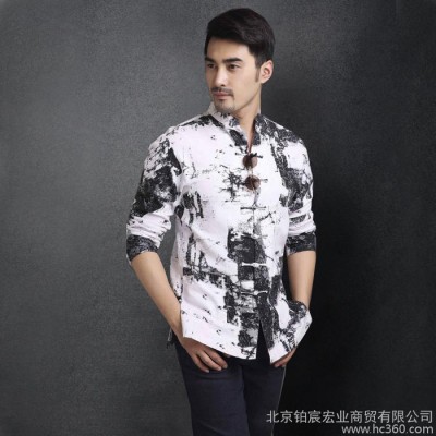 2015新款中国风中年男士唐装立领中袖男上衣标准中式夏季纯棉