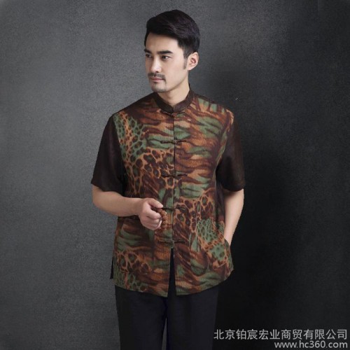 中国风天丝男士唐装中老年立领短袖男上衣标准中式民族服装夏衬图1