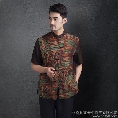 中国风天丝男士唐装中老年立领短袖男上衣标准中式民族服装夏衬