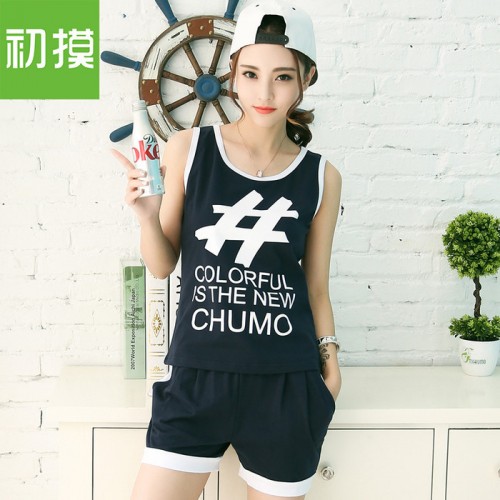 休闲运动套装女款夏季2016简约时尚跑步吊带背心短裤运动服运动装图1