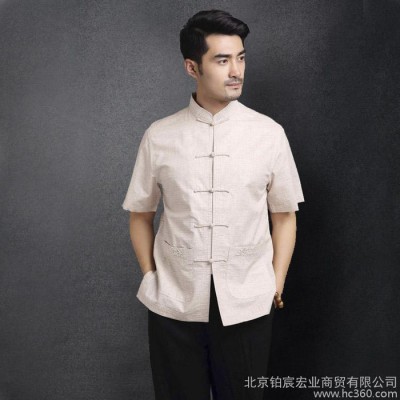 中国风纯棉男士唐装中老年立领短袖男上衣标准中式民族大码夏衬衫