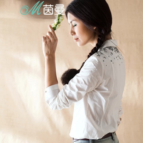 茵曼2016秋季新款淑女风琴褶肩部绣花百搭长袖衬衫女棉质直筒品牌图1