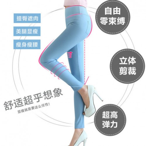 春夏季新款高腰紧身铅笔裤女大码带后口袋九分弹力外穿小脚打底裤图2