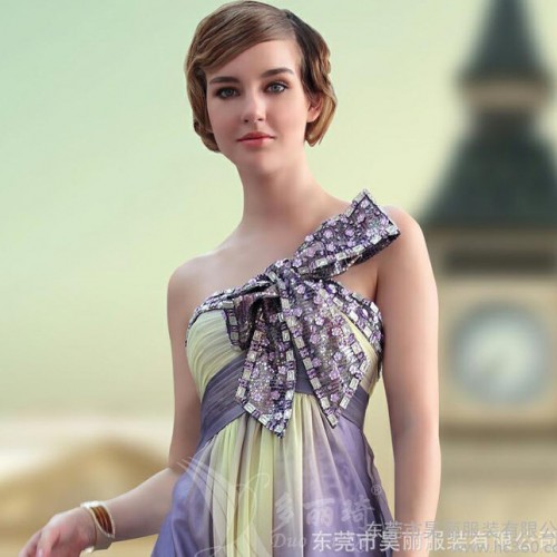新款天丝雪纺单肩晚礼30645 舞会欧美晚礼服批发 多丽琦女装图3