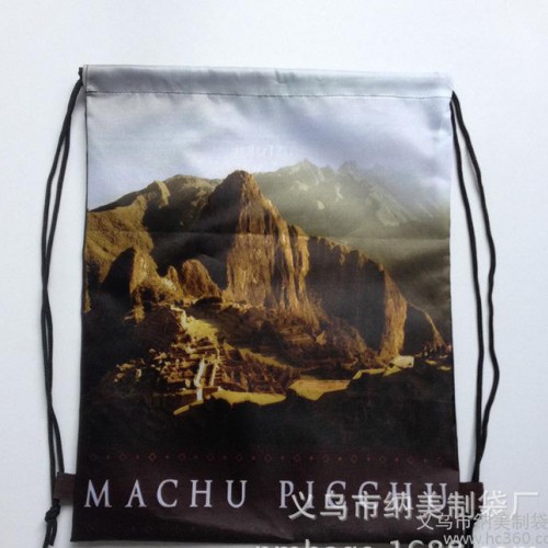 外贸满版热升华涤纶束口抽绳包黄山景点旅游区宣传登山收纳双肩袋图1