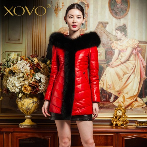 XOVO 新款超大**毛领带帽真皮羽绒服绵羊皮衣中长款图1