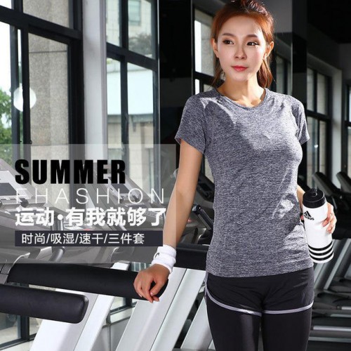 女夏修身短袖瑜伽服三件套装跑步运动服假两件九分裤健身套装图3