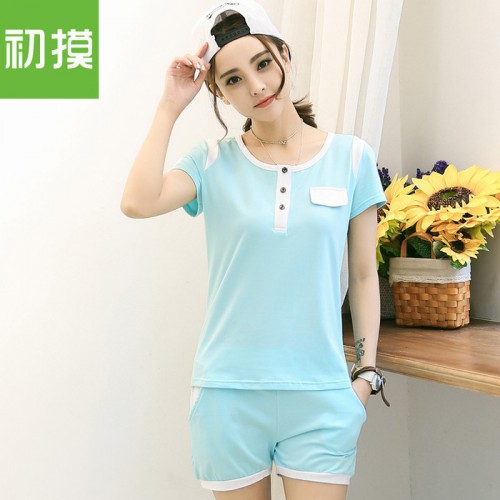 夏季跑步短裤运动套装女纯棉 2016新款学生短袖休闲两件套运动服图3