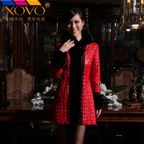 XOVO  超显瘦獭兔毛领带帽真皮羽绒服绵羊皮羽绒皮衣女中长款图1