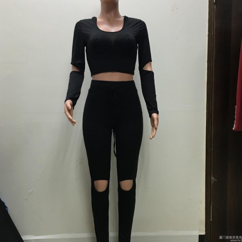 速卖通亚马逊 欧美性感多色破洞休闲两件套 夜店服 运动服图3