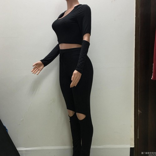 速卖通亚马逊 欧美性感多色破洞休闲两件套 夜店服 运动服图1