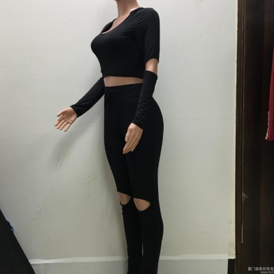 速卖通亚马逊 欧美性感多色破洞休闲两件套 夜店服 运动服