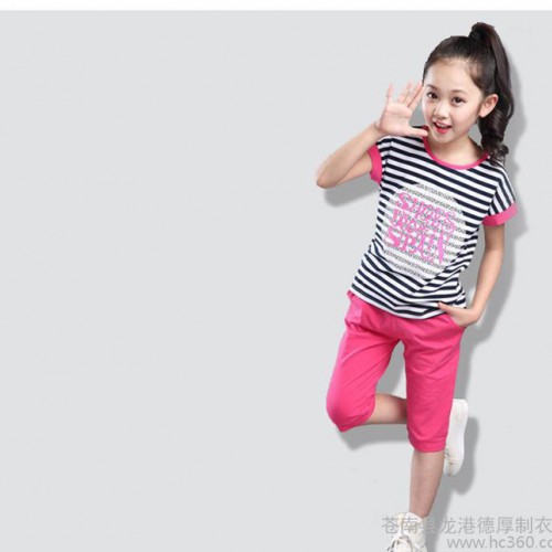 2016新款童装男童女童条纹套装中大童运动服儿童短袖纯棉T恤图2