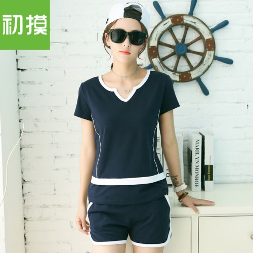 短裤运动套装女夏2016新款短袖跑步运动服显瘦修身时尚休闲两件套图3