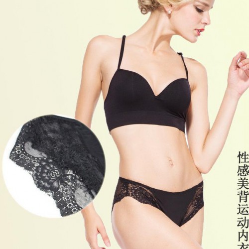 网络新款女性无钢圈美背文胸套装性感无缝弹力蕾丝聚拢内衣图1