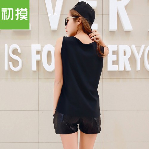 初摸638 夏季新款韩版休闲背心短裤运动服套装 显瘦拼接两件套女图1