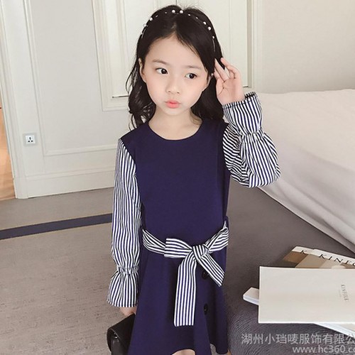 女童长袖连衣裙2017春季新款女童长袖蝴蝶结条纹连衣裙中大童雪纺图1