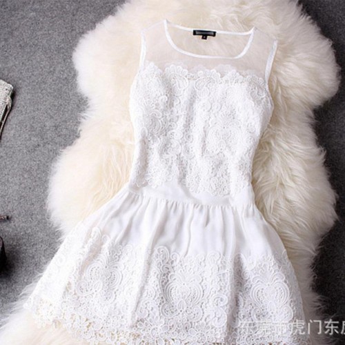 明星同款刺绣欧根纱雪纺连衣裙 白色小礼服图3